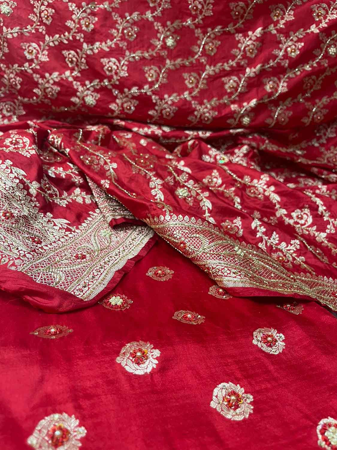 Red Banarasi Handloom Pure Katan Silk Three Piece Unstitched Suit Set - Luxurion World
