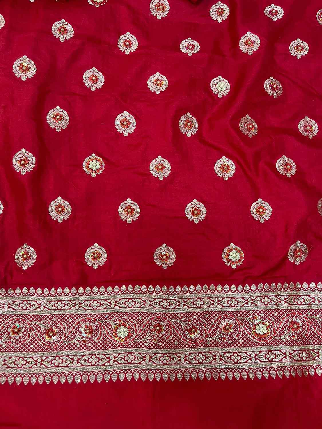 Red Banarasi Handloom Pure Katan Silk Three Piece Unstitched Suit Set - Luxurion World