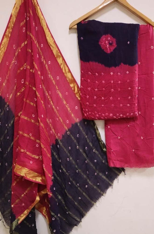 Pink And Blue Bandhani Pure Cotton Three Piece Unstitched Suit Set - Luxurion World