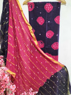 Pink And Blue Bandhani Pure Cotton Three Piece Unstitched Suit Set - Luxurion World