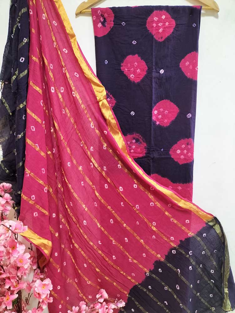 Pink And Blue Bandhani Pure Cotton Three Piece Unstitched Suit Set - Luxurion World