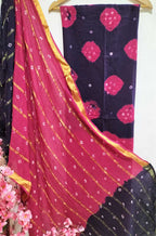 Pink And Blue Bandhani Pure Cotton Three Piece Unstitched Suit Set - Luxurion World