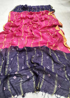 Pink And Blue Bandhani Pure Cotton Three Piece Unstitched Suit Set - Luxurion World