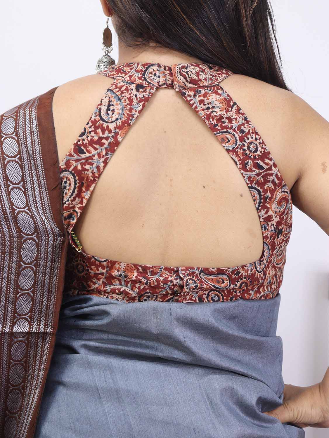 Maroon Kalamkari Block Printed Pure Cotton Backless Blouse - Luxurion World