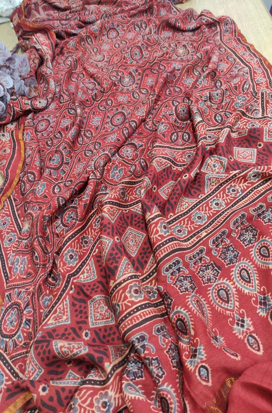Red Ajrakh Block Printed Chanderi Silk Dupatta - Luxurion World