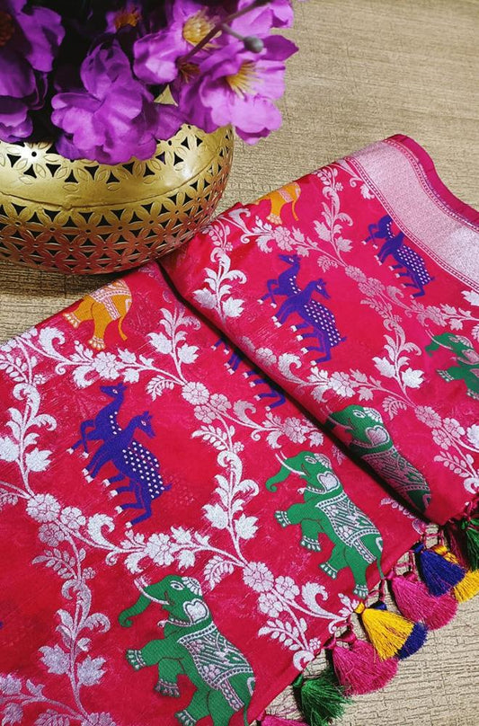 Pink Handloom Banarasi Silk Figure Design Silver Zari Dupatta - Luxurion World