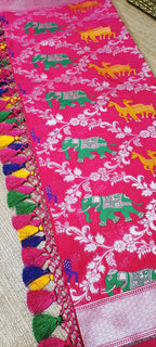 Pink Handloom Banarasi Silk Figure Design Silver Zari Dupatta - Luxurion World