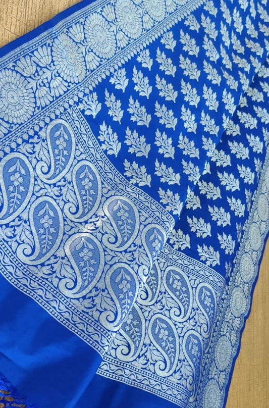 Blue Handloom Banarasi Silk Silver Zari Dupatta