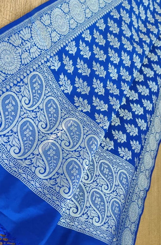 Blue Handloom Banarasi Silk Silver Zari Dupatta - Luxurion World