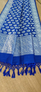 Blue Handloom Banarasi Silk Silver Zari Dupatta - Luxurion World
