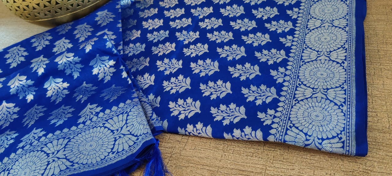 Blue Handloom Banarasi Silk Silver Zari Dupatta - Luxurion World