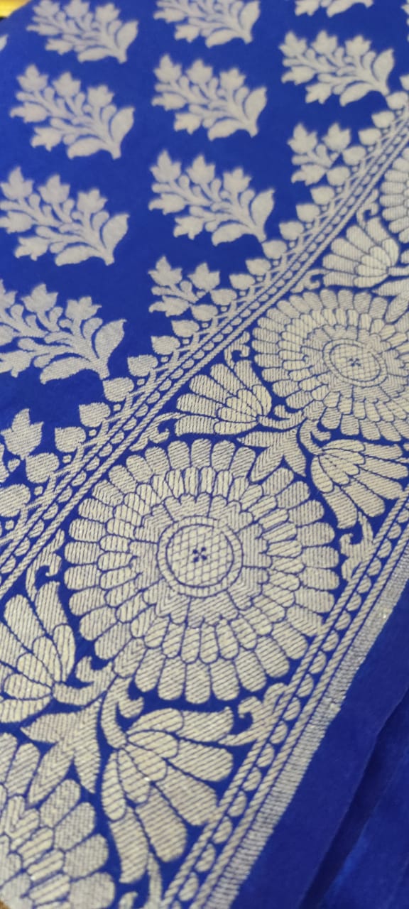 Blue Handloom Banarasi Silk Silver Zari Dupatta - Luxurion World