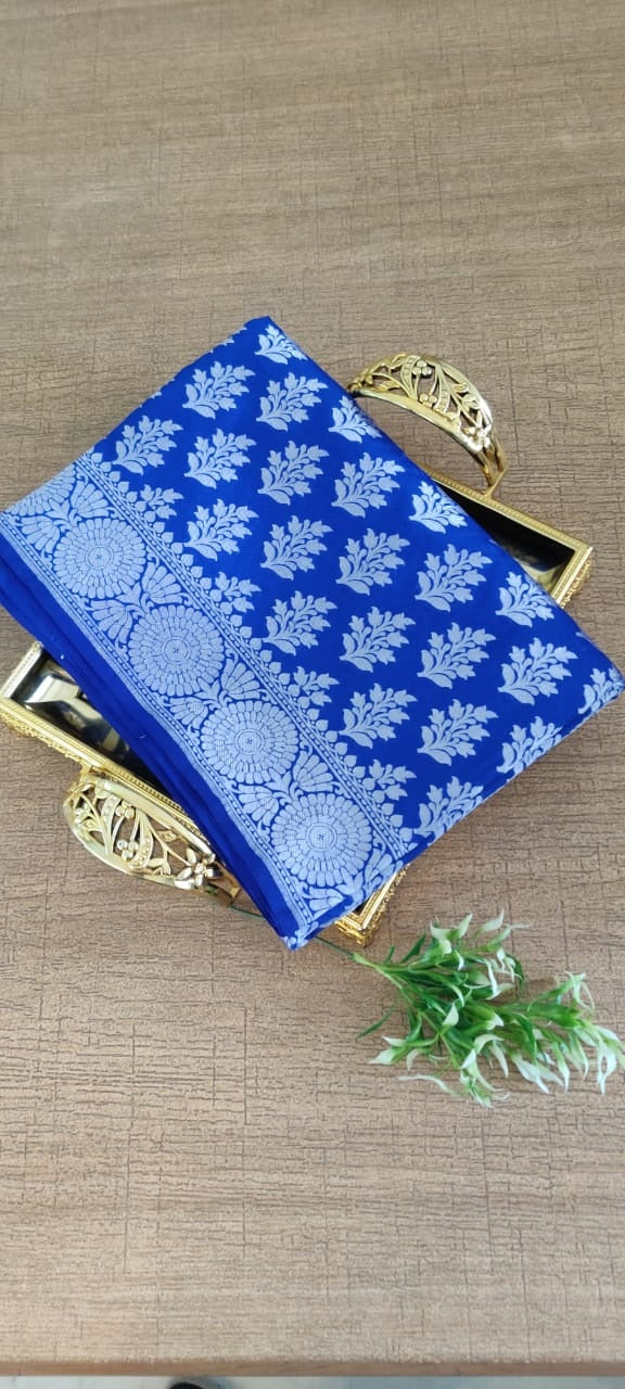 Blue Handloom Banarasi Silk Silver Zari Dupatta - Luxurion World