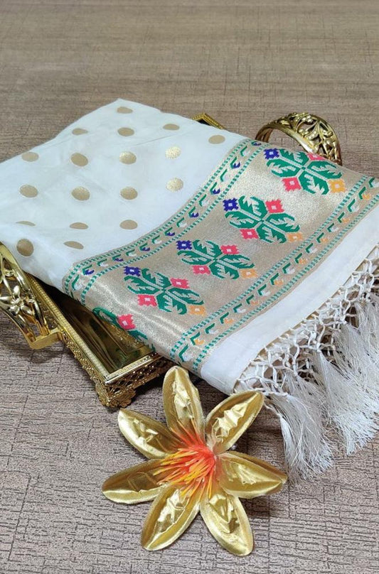 Off White Handloom Banarasi Silk Paithani Design Dupatta - Luxurion World