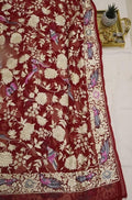Red Hand Embroidered Parsi Gara Pure Georgette Dupatta - Luxurion World