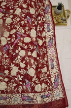 Red Hand Embroidered Parsi Gara Pure Georgette Dupatta - Luxurion World