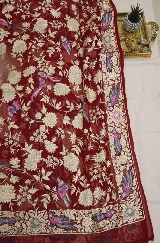 Red Hand Embroidered Parsi Gara Pure Georgette Dupatta - Luxurion World