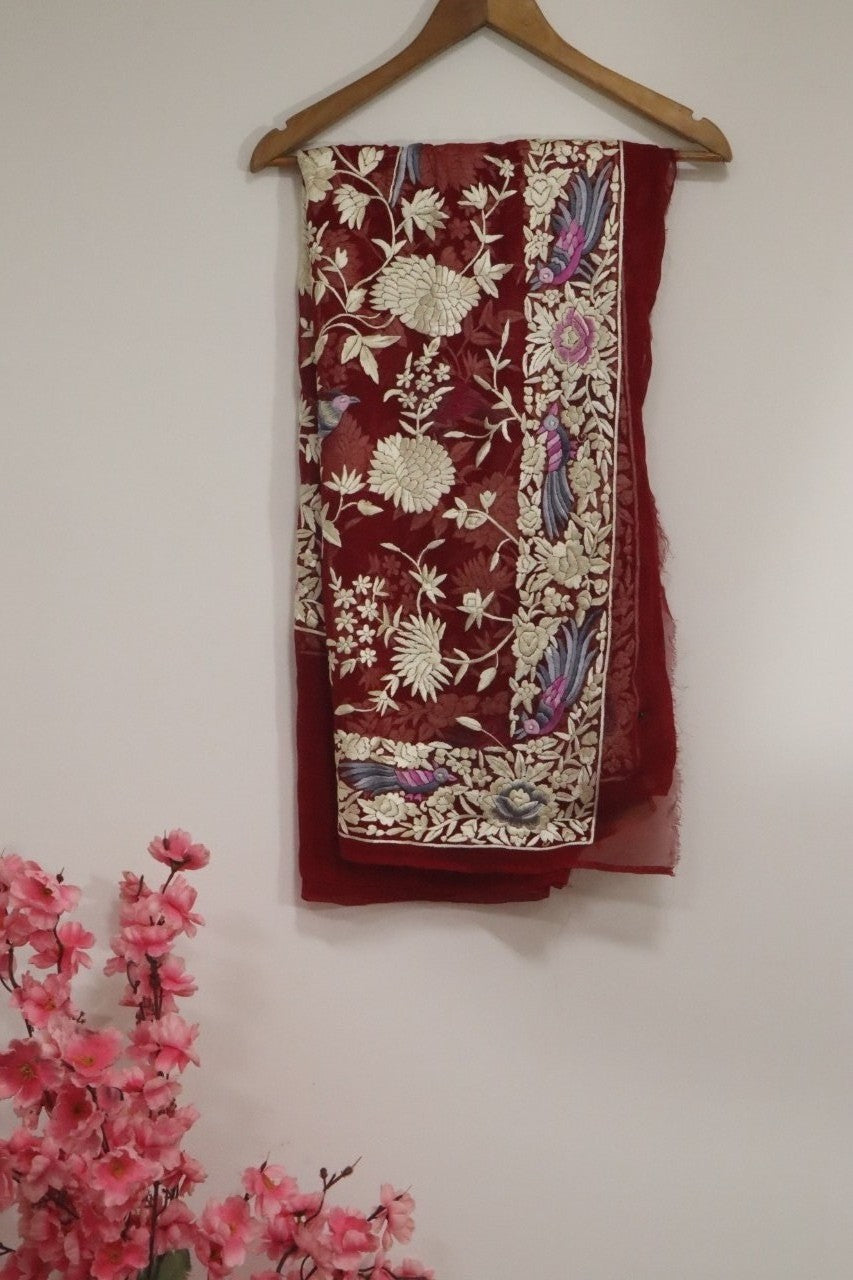 Red Hand Embroidered Parsi Gara Pure Georgette Dupatta - Luxurion World