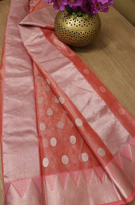 Pink Handloom Chanderi Pure Tissue Silk Saree - Luxurion World