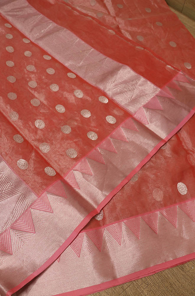 Pink Handloom Chanderi Pure Tissue Silk Saree - Luxurion World