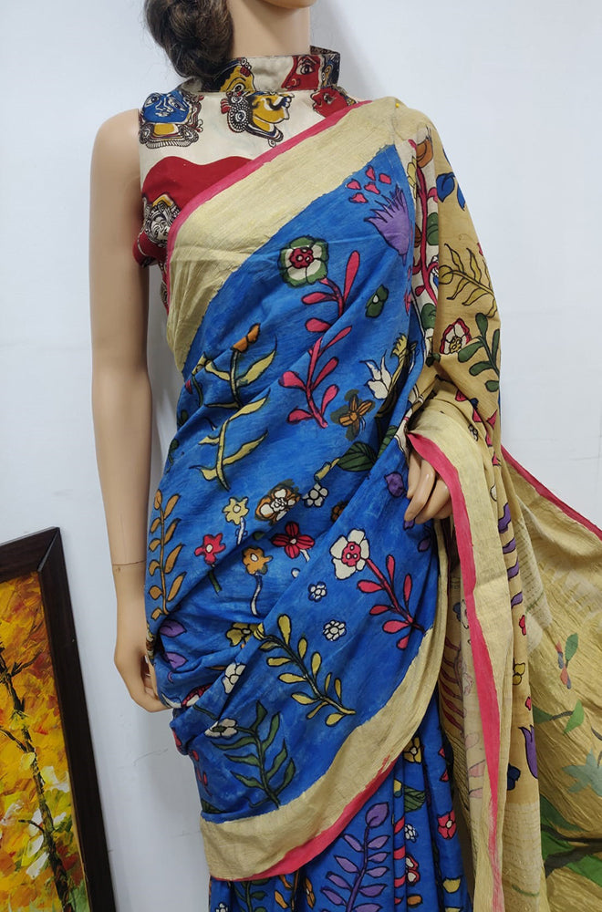 Blue Pen Kalamkari Work Cotton Saree - Luxurion World