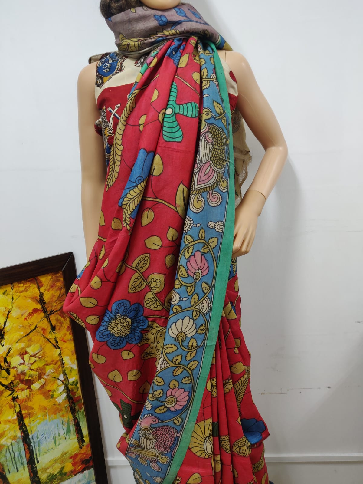 Red Pen Kalamkari Pure Mulberry Silk Saree - Luxurion World