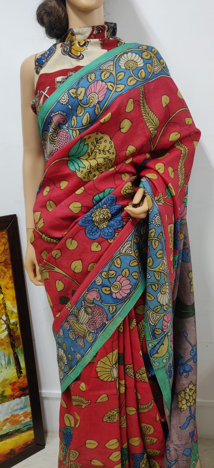 Red Pen Kalamkari Pure Mulberry Silk Saree - Luxurion World