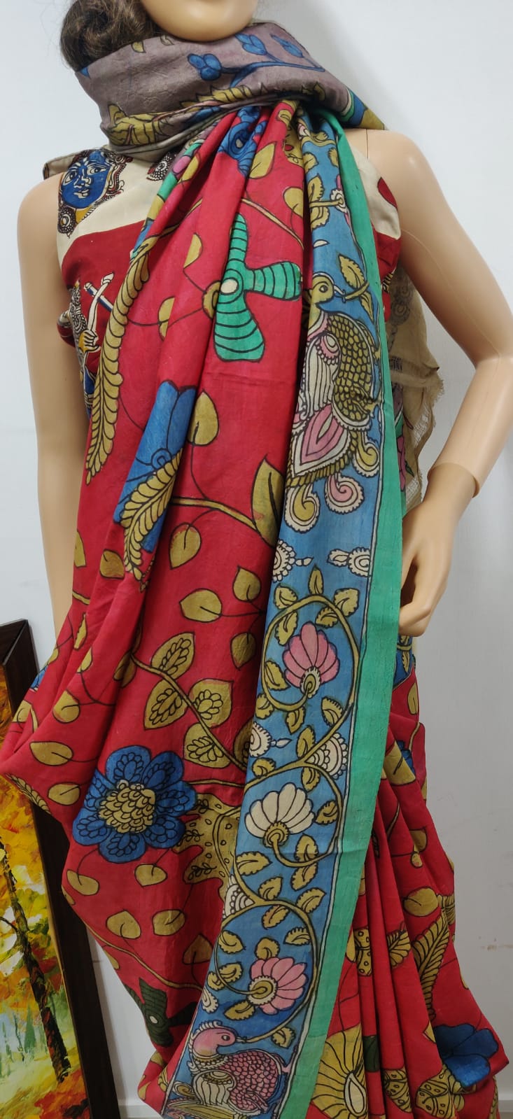 Red Pen Kalamkari Pure Mulberry Silk Saree - Luxurion World