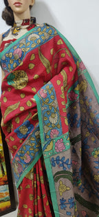 Red Pen Kalamkari Pure Mulberry Silk Saree - Luxurion World
