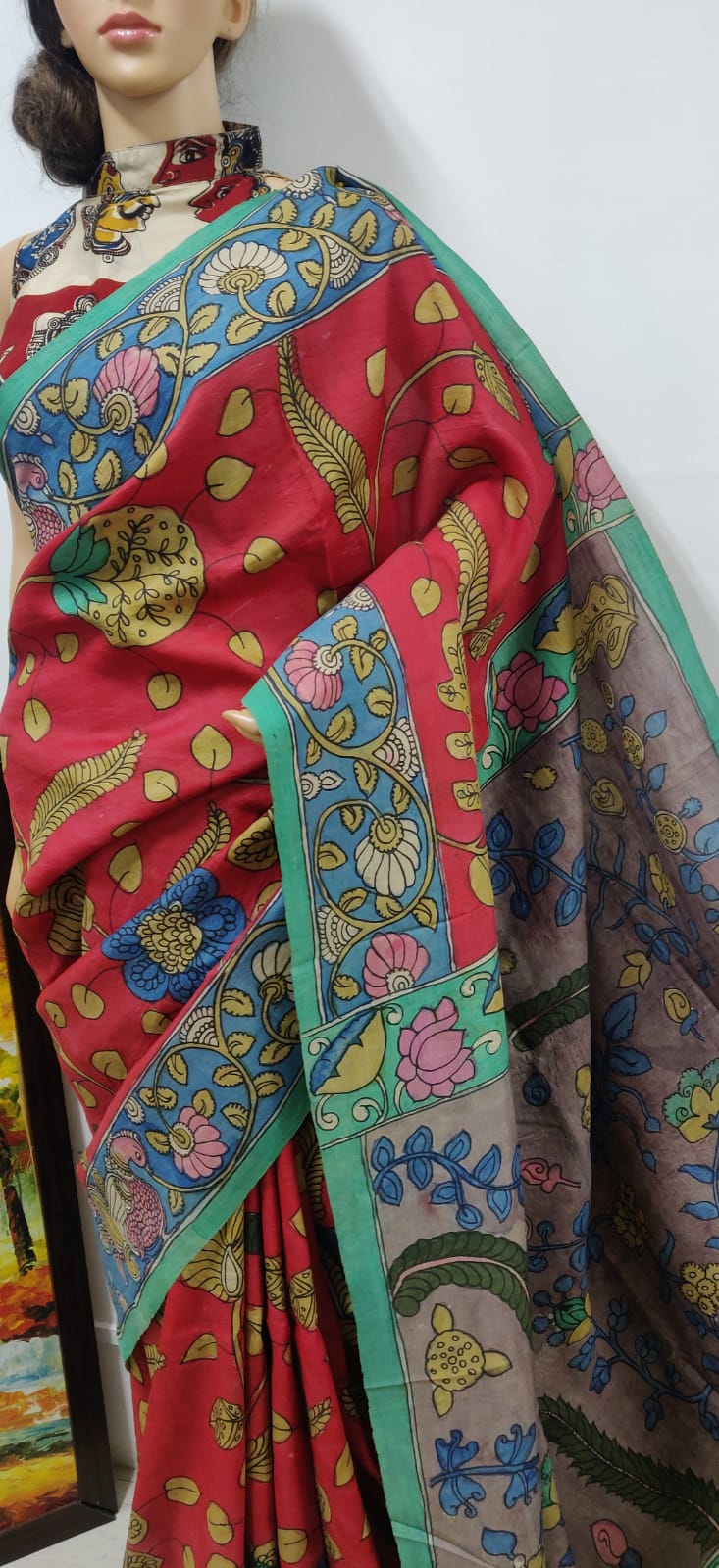 Red Pen Kalamkari Pure Mulberry Silk Saree - Luxurion World