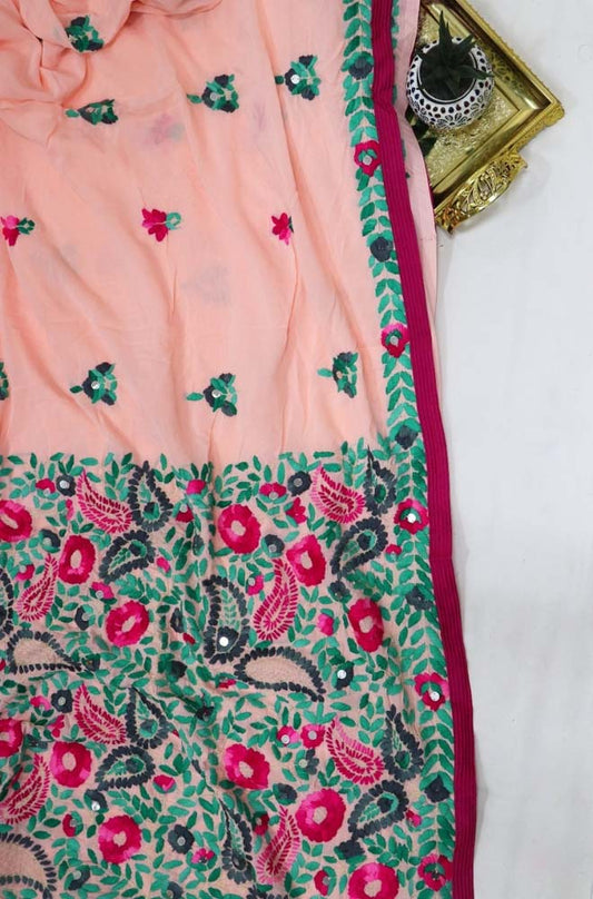 Pink Hand Embroidered Phulkari Georgette Saree - Luxurion World