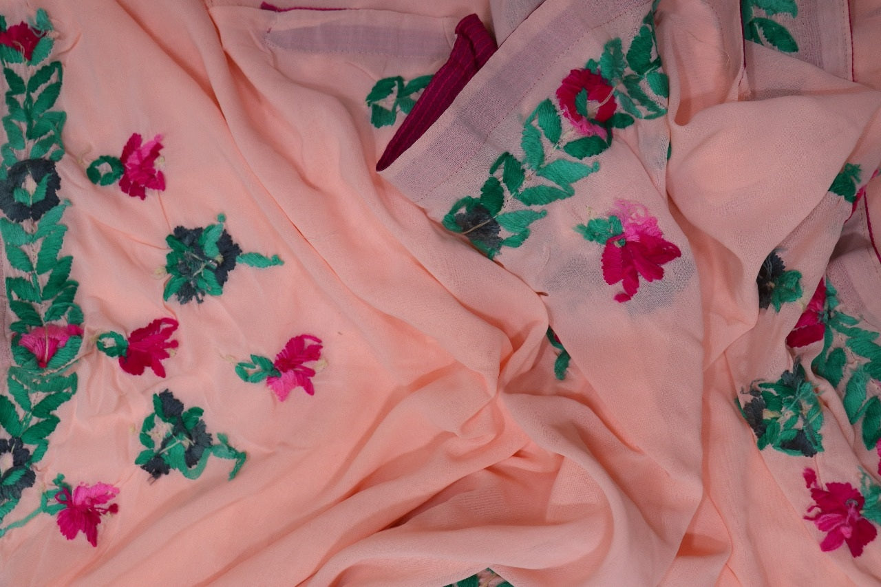 Pink Hand Embroidered Phulkari Georgette Saree - Luxurion World