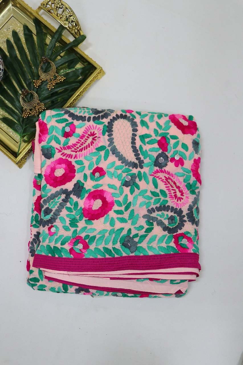 Pink Hand Embroidered Phulkari Georgette Saree - Luxurion World