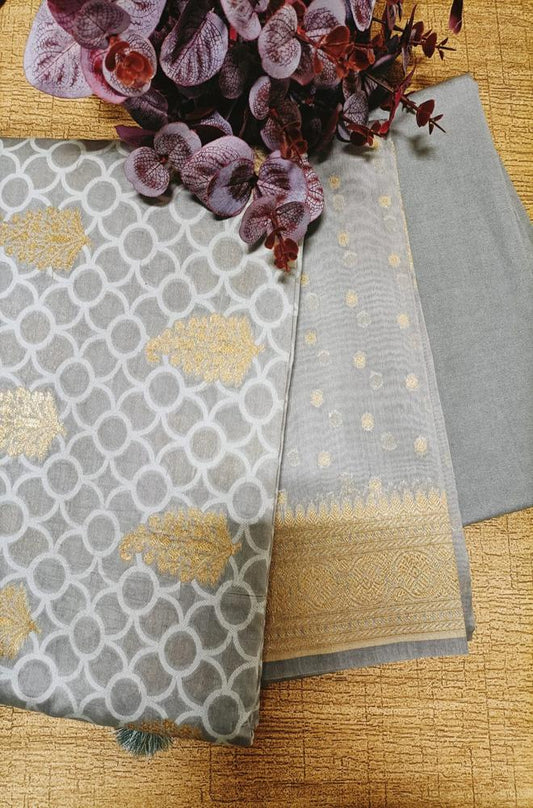 Grey Handloom Banarasi Cotton Silk Three Piece Unstitched Suit Set - Luxurion World