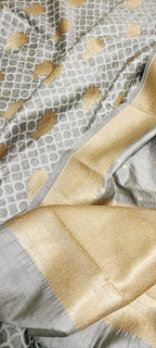 Grey Handloom Banarasi Cotton Silk Three Piece Unstitched Suit Set - Luxurion World