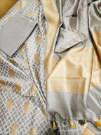 Grey Handloom Banarasi Cotton Silk Three Piece Unstitched Suit Set - Luxurion World