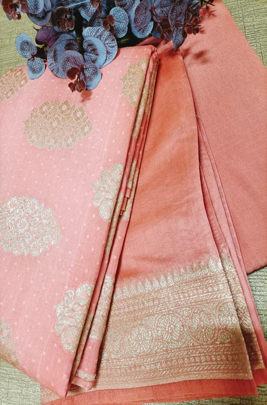 Pink Handloom Banarasi Cotton Silk Three Piece Unstitched Suit Set - Luxurion World