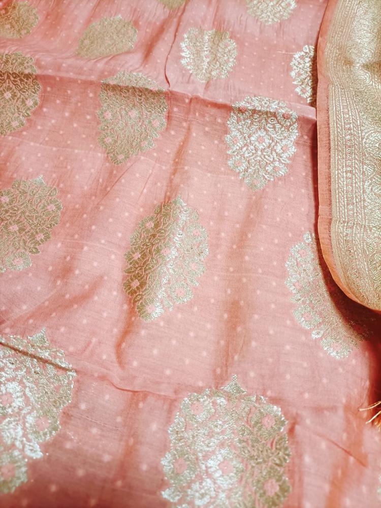 Pink Handloom Banarasi Cotton Silk Three Piece Unstitched Suit Set - Luxurion World