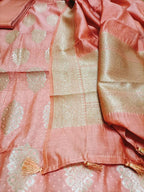Pink Handloom Banarasi Cotton Silk Three Piece Unstitched Suit Set - Luxurion World