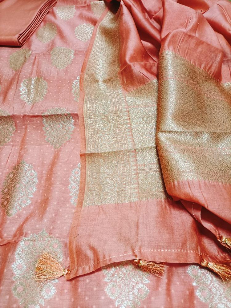 Pink Handloom Banarasi Cotton Silk Three Piece Unstitched Suit Set - Luxurion World