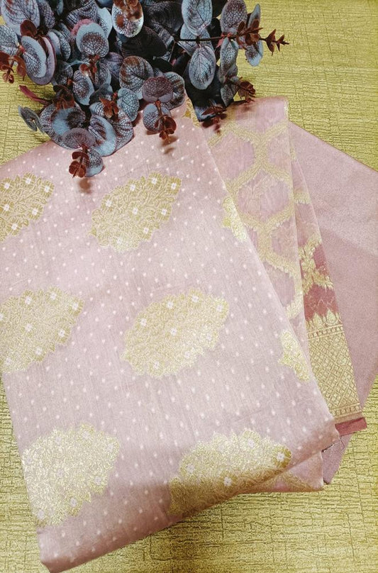 Pink Handloom Banarasi Cotton Silk Three Piece Unstitched Suit Set - Luxurion World