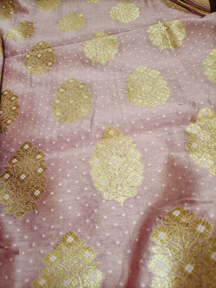 Pink Handloom Banarasi Cotton Silk Three Piece Unstitched Suit Set - Luxurion World