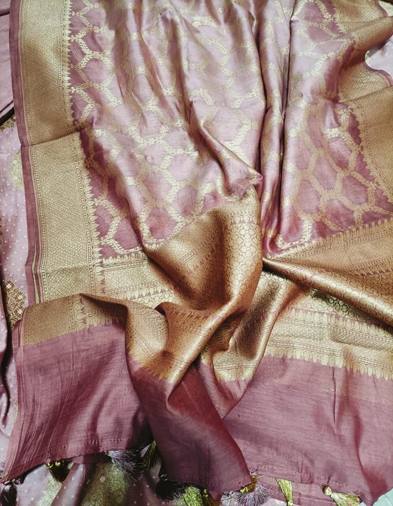 Pink Handloom Banarasi Cotton Silk Three Piece Unstitched Suit Set - Luxurion World
