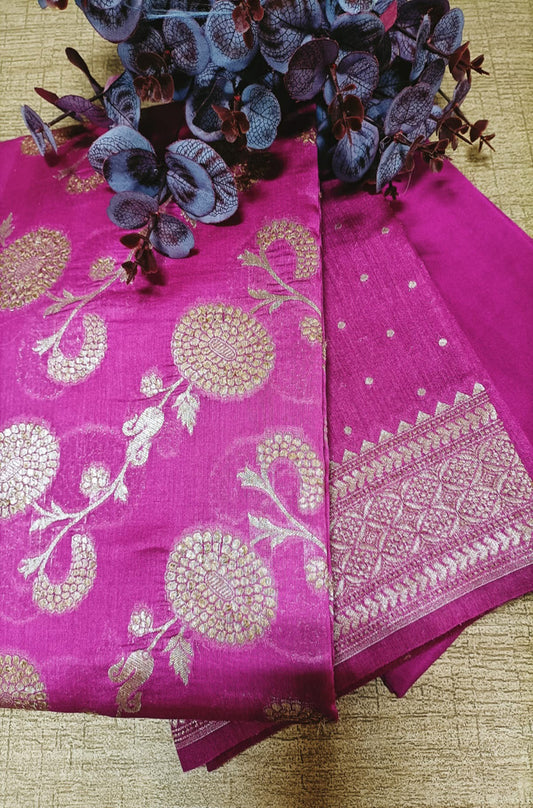 Pink Handloom Banarasi Cotton Silk Three Piece Unstitched Suit Set - Luxurion World
