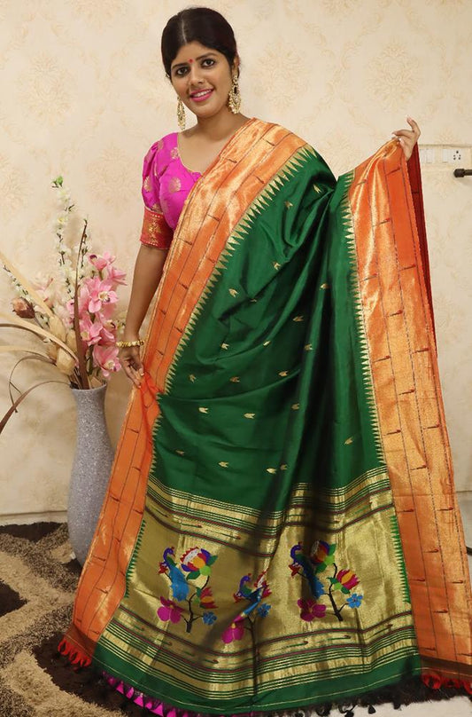 Green Handloom Paithani Pure Silk Triple Muniya Dupatta - Luxurion World