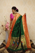 Green Handloom Paithani Pure Silk Triple Muniya Dupatta - Luxurion World