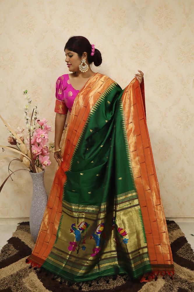 Green Handloom Paithani Pure Silk Triple Muniya Dupatta - Luxurion World
