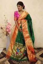 Green Handloom Paithani Pure Silk Triple Muniya Dupatta - Luxurion World