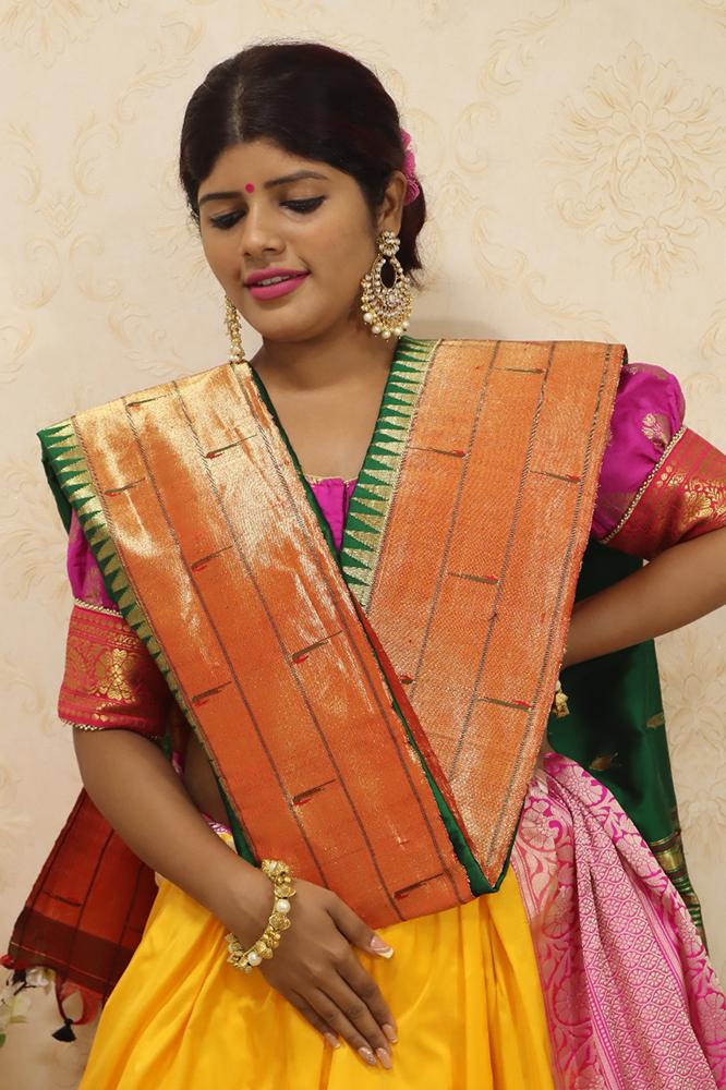 Green Handloom Paithani Pure Silk Triple Muniya Dupatta - Luxurion World