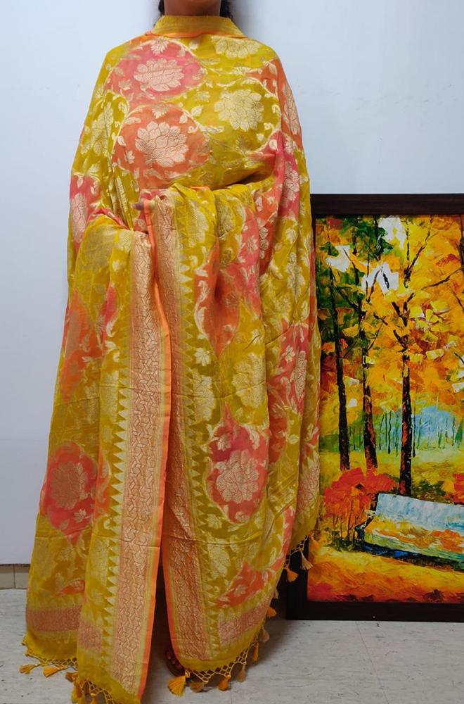 Yellow Handloom Banarasi Pure Georgette Brush Dyed Dupatta